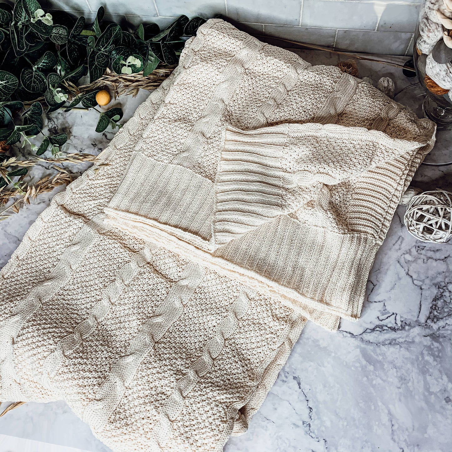 Claret Knit Sweater Like Throw Blankets - Plant Fiber & Cott: Ivory/White